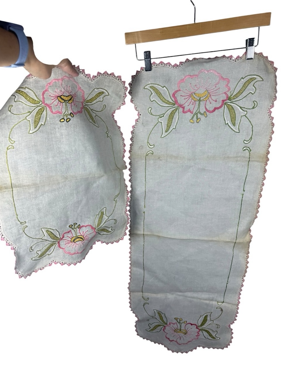 Vintage Floral Embroidered Linen Runner and Doily Set - Pink & Green